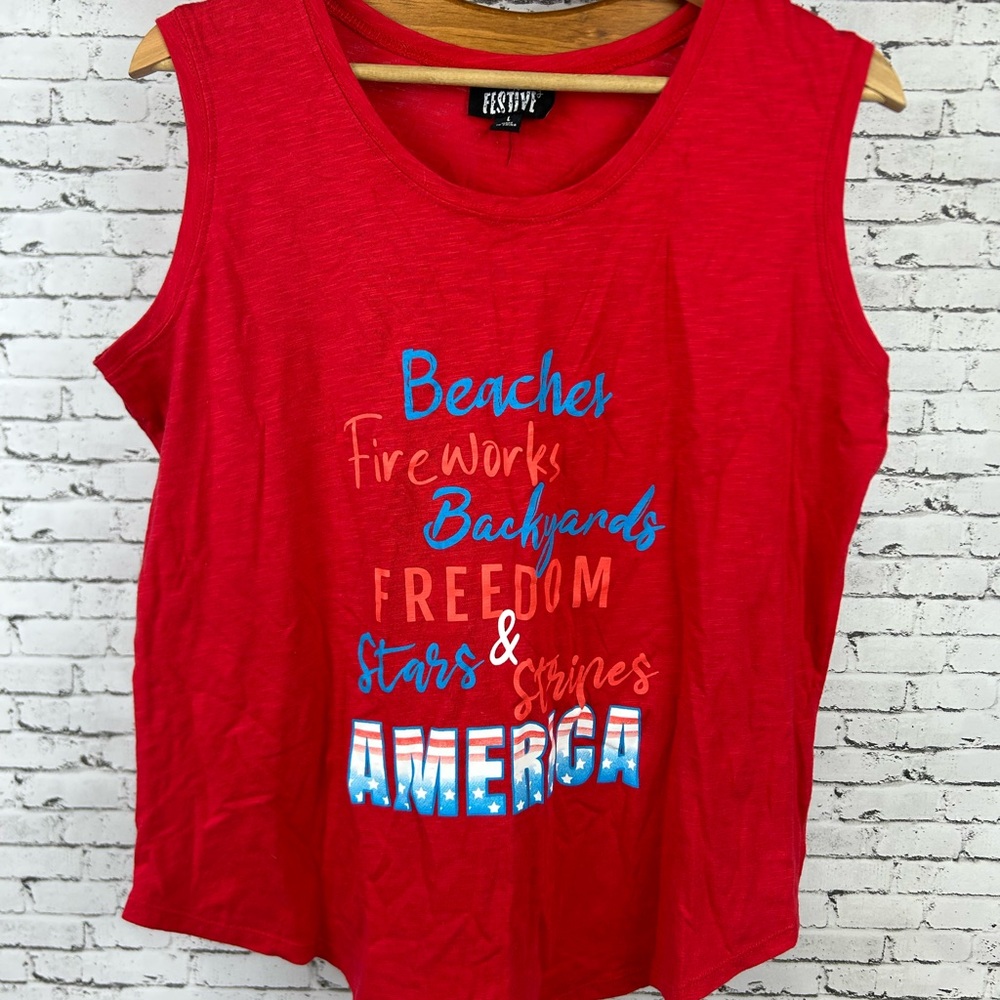 27. Patriotic Red, White, Blue, Women's Summer Sleeveless Muscle Tee size L